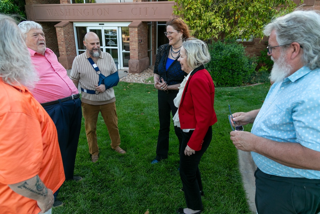 (Jud Burkett | Special to The Tribune) Democratic candidates from Washington County chat with one another Tuesday, April 21, 2026, in Washington City.