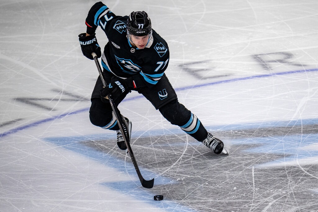 (Trent Nelson | The Salt Lake Tribune) Utah Mammoth right wing JJ Peterka controls the puck during an NHL game agains the Los Angeles Kings in Salt Lake City on Dec. 8, 2025. The Mammoth have reached a deal to trade Peterka to the Boston Bruins, The Athletic reported on Friday, June 26, 2026.