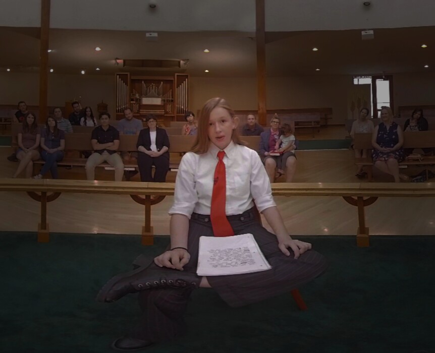(Photo courtesy Carol Dalrymple) Savannah, a 15-year-old LGBTQ activist, delivers the coming-out testimony she wasn't allowed to give at her church meeting in Eagle Mountain in 2017, in the VR short film "Savannah," which is being shown at the Damn These Heels LGBTQ Film Festival in Salt Lake City, July 12-14, 2019.
