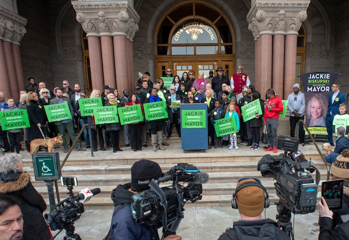 (Rick Egan  |  The Salt Lake Tribune)     Supporters gather on the east steps of the City Building, as Salt Lake City Mayor Jackie Biskupski launches her re-election campaign as she seeks a second term.
 Saturday, Feb. 9, 2019.


