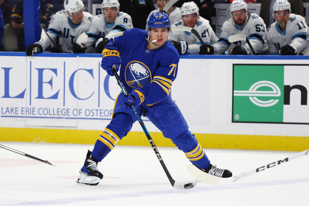 Buffalo Sabres right wing JJ Peterka (77) skates during the first period of an NHL hockey game against the Utah Hockey Club Saturday, Dec. 7, 2024, in Buffalo, N.Y. (AP Photo/Jeffrey T. Barnes)