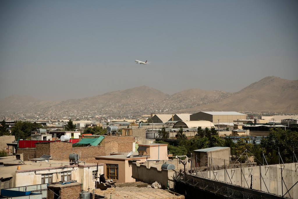 (Kiana Hayeri | The New York Times)
A plane leaves the Hamid Karzai International Airport in Kabul, Afghanistan, before the Taliban's takeover of the country's capital, Aug. 15, 2021. "There are no good ways to lose a war, but the way America has lost Afghanistan should fill every one of us with shame," writes New York Times columnist Michelle Goldberg.