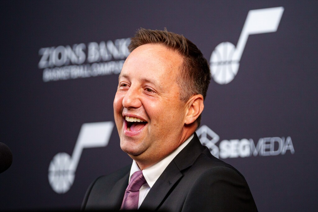 (Trent Nelson  |  The Salt Lake Tribune) Austin Ainge is introduced as the new president of basketball operations for the Utah Jazz at a news conference in Salt Lake City on Monday, June 2, 2025.