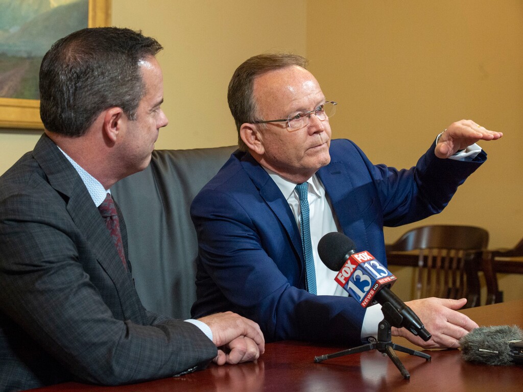 (Rick Egan  |  The Salt Lake Tribune)       Speaker of the House Brad Wilson and Senate President Stuart Adams discuss the State budget in a news conference, at the Capitol, Tuesday, March 12, 2019.