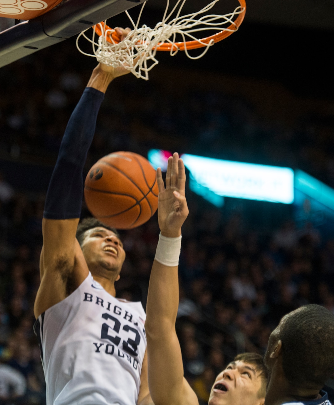 (Rick Egan  |  The Salt Lake Tribune)  Brigham Young forward Yoeli Childs (23) dunks the ball for the Cougars, in basketball action between Brigham Young Cougars and Rice Owls, at the Marriott Center in Provo, Wednesday, Nov. 21, 2018.