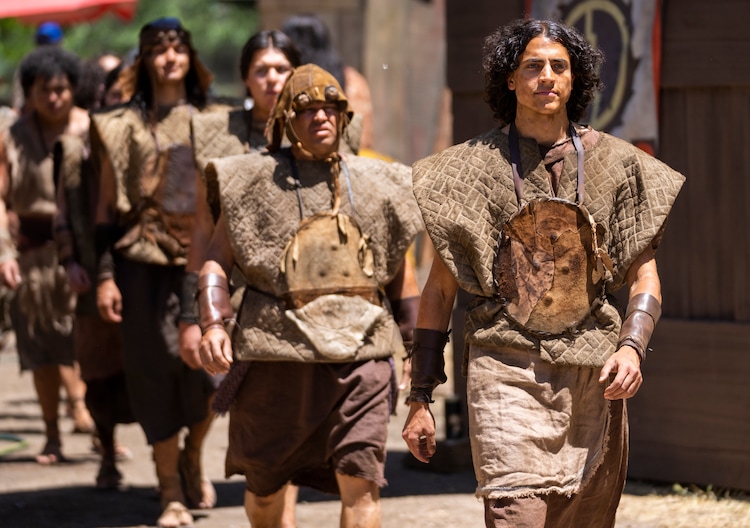 (Rick Egan | The Salt Lake Tribune)   
Real actors portraying the stripling warriors walk to their positions as part of a Book of Mormon series the church filmed. 
