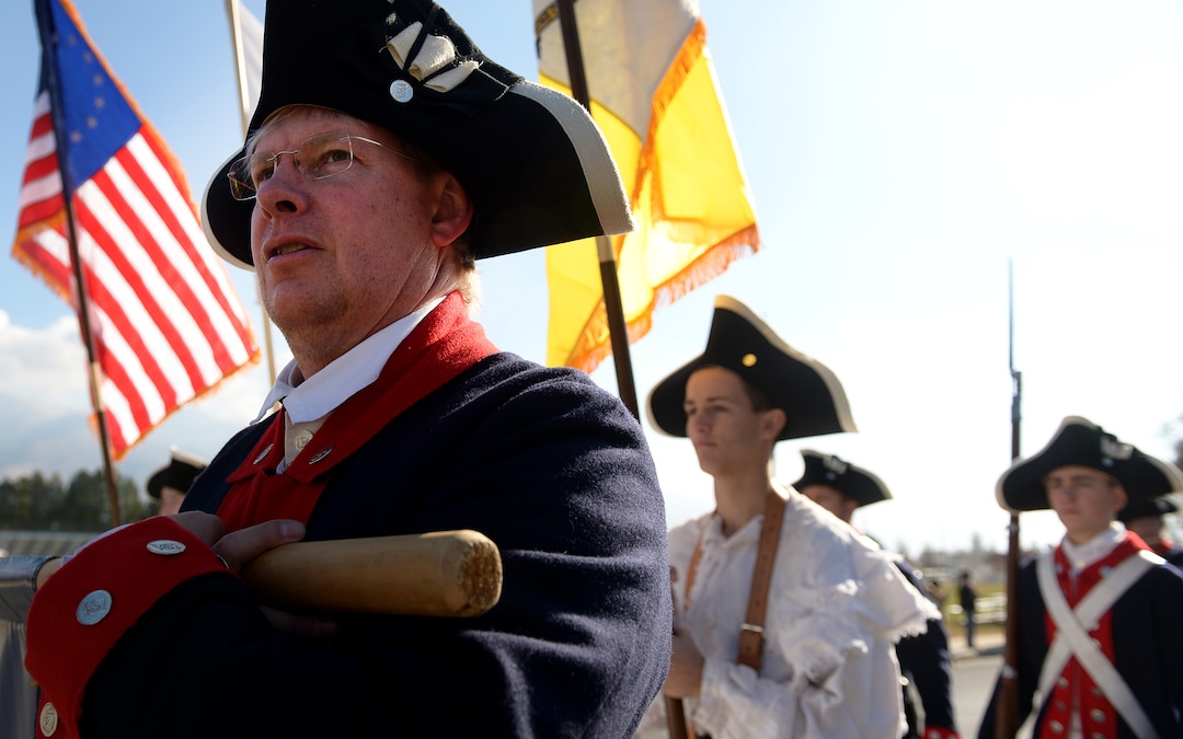 (Leah Hogsten  |  The Salt Lake Tribune) Regan Grandy with the Utah Society Sons of the American Revolution during Northern Utah’s 12th Annual Veterans Day Parade Saturday, Nov. 11, 2017 in Layton.