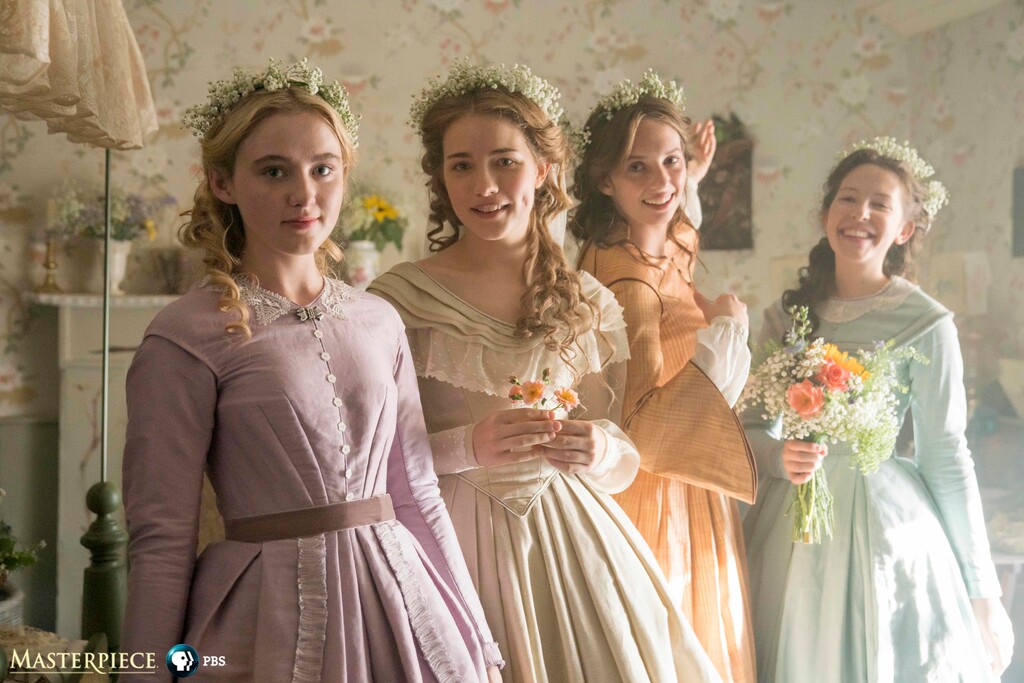 This image released by PBS shows, from left, Kathryn Newton, Willa Fitzgerald, Maya Hawke and Annes Elwy in "Little Women," airing on PBS Sundays, May 13 and May 20, (MASTERPIECE on PBS, BBC and Playground via AP)