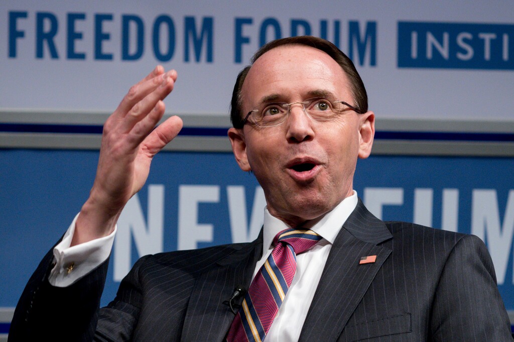 Deputy Attorney General Rod Rosenstein speaks during an event at the Newseum, Tuesday, May 1, 2018 in Washington. Rosenstein says the Justice Department is still reviewing its policy that makes it difficult for prosecutors to subpoena reporters about their sources. Justice Department policy on news media subpoenas has evolved over the years. But the current policy requires high levels of approval before a reporter can be subpoenaed. (AP Photo/Andrew Harnik)