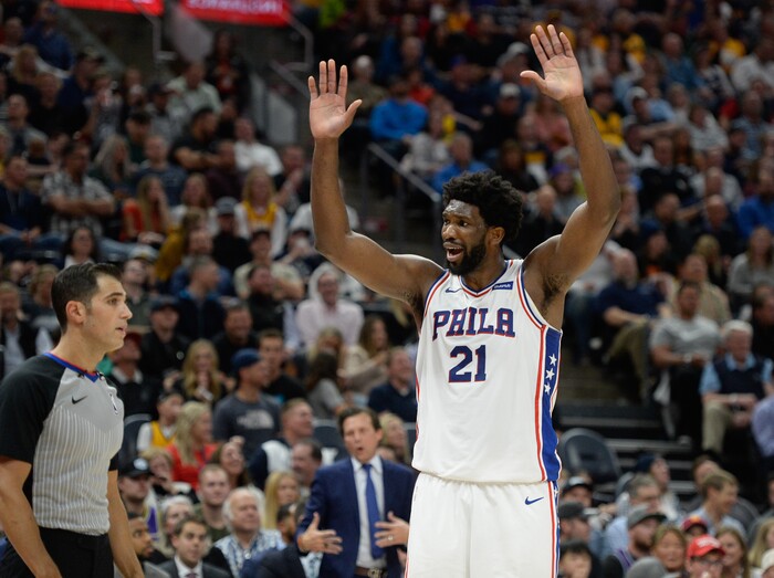 (Francisco Kjolseth  |  The Salt Lake Tribune)  Philadelphia 76ers center Joel Embiid (21) argues a call with the ref as the Utah Jazz host the Philadelphia 76ers in their NBA basketball game at Vivint Smart Home Arena in Salt Lake City on Wed. Nov. 6, 2019.