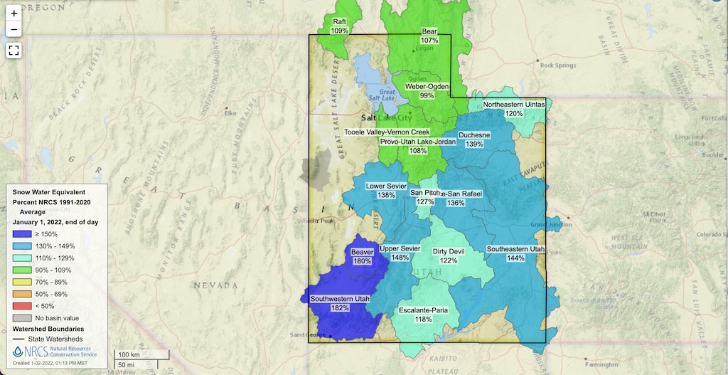 (Natural Resources Conservation Service) A map of the current snowpack levels in Utah.