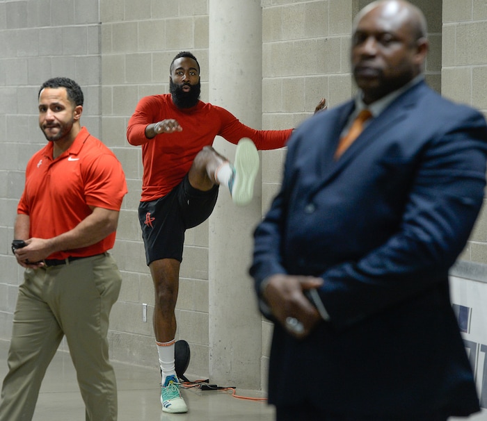 (Francisco Kjolseth | The Salt Lake Tribune) Houston Rockets guard James Harden (13) warms up in the hall before their game against the Utah Jazz in the NBA playoffs at the Vivint Smart Home Arena Sunday, May 6, 2018 in Salt Lake City.