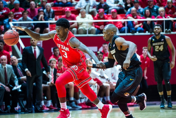 (Chris Detrick  |  The Salt Lake Tribune)  Utah Utes forward Donnie Tillman (3) steals the ball from Missouri Tigers guard Terrence Phillips (1) during the game at the Jon M. Huntsman Center Thursday, November 16, 2017.   