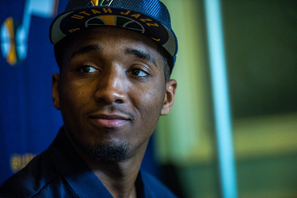 Chris Detrick  |  The Salt Lake TribuneUtah Jazz's Donovan Mitchell talks with members of the media at The Grand America Hotel Wednesday, June 28, 2017. 