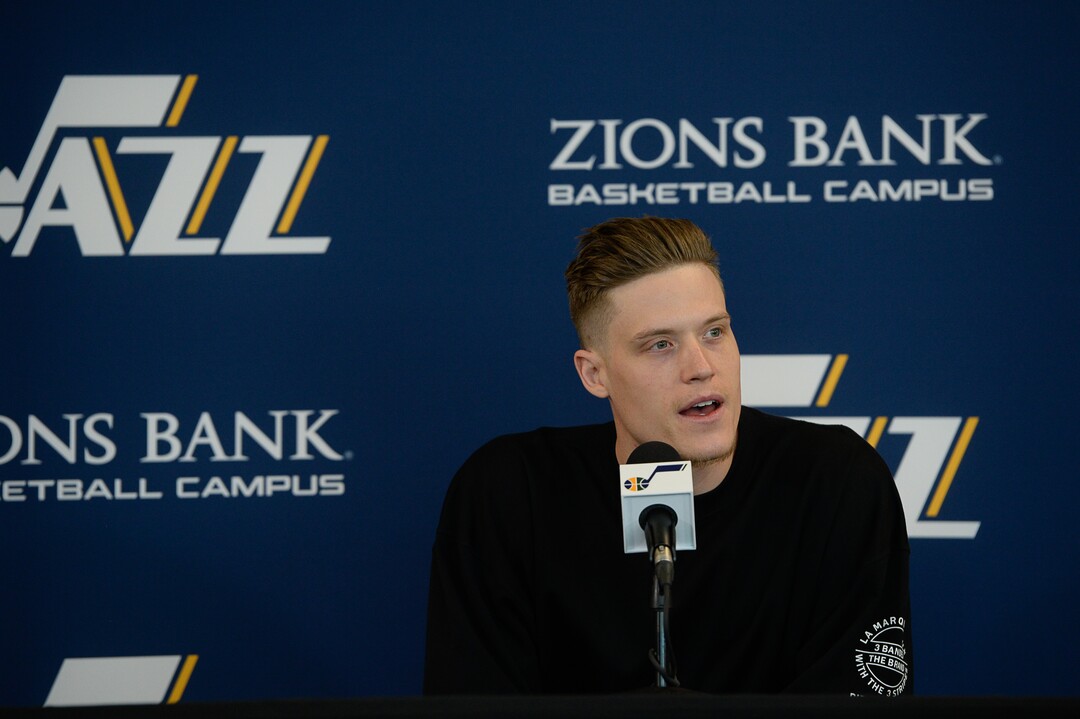 (Francisco Kjolseth  |  The Salt Lake Tribune)  Utah Jazz forward Jonas Jerebko speaks with the media during exit interviews at their practice facility in Salt Lake City Wed., May 8, 2018, after losing to the Houston Rockets in game 5 of their Western Conference Finals during the 2018 NBA Playoffs.