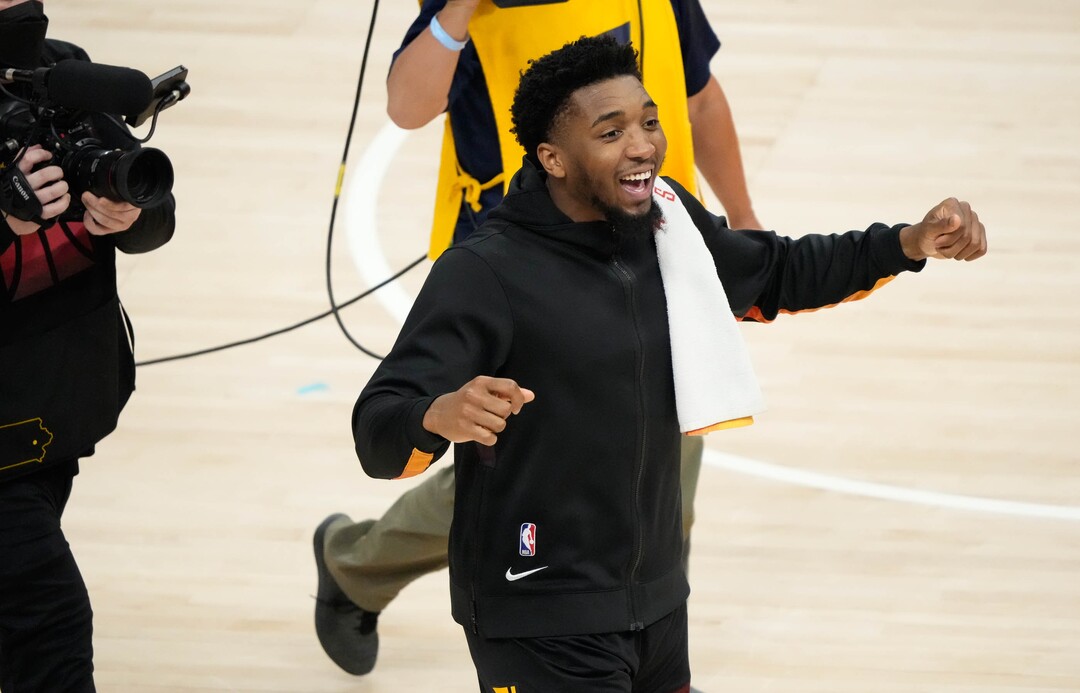 (Francisco Kjolseth | The Salt Lake Tribune) Utah Jazz guard Donovan Mitchell (45) celebrates their 126-110 win over Memphis to advance in the playoffs following Game 5 of their NBA basketball first-round playoff series Wednesday, June 2, 2021, in Salt Lake City, UT.