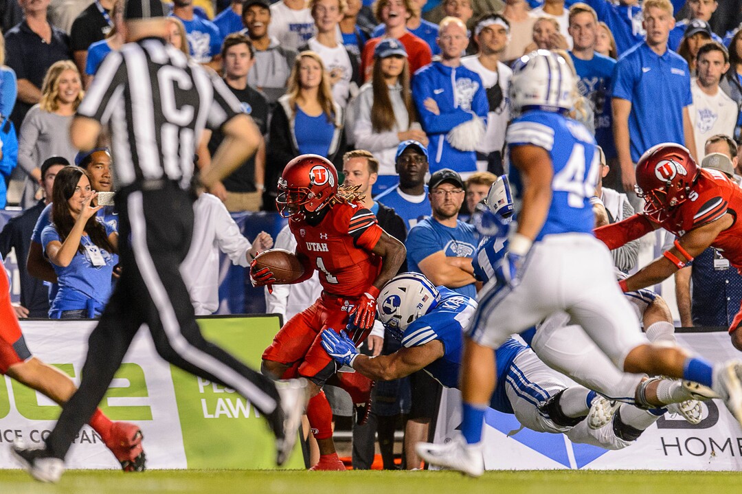(Trent Nelson | The Salt Lake Tribune)  Utah Utes defensive back Boobie Hobbs (1) runs after an interception as BYU hosts Utah, NCAA football in Provo, Saturday September 9, 2017.