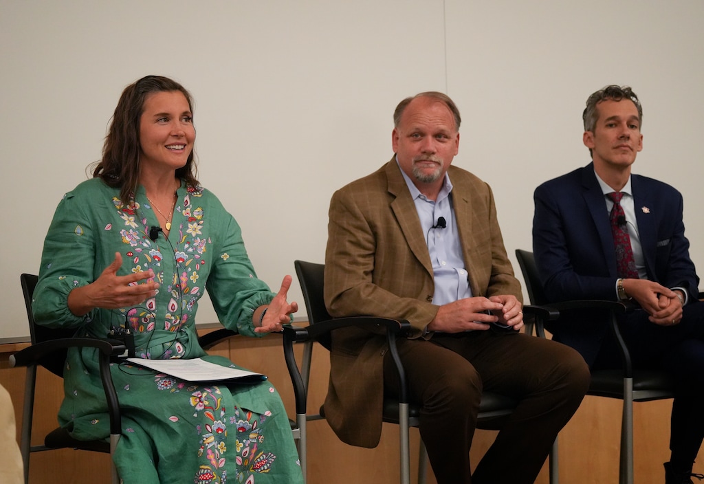 (Bethany Baker | The Salt Lake Tribune) Salt Lake City Mayor Erin Mendenhall, left, speaks during a moderated discussion hosted by Salt Lake Tribune renewable energy reporter Tim Fitzpatrick on electrification at the University of Utah in Salt Lake City on Tuesday, Aug. 2, 2022.