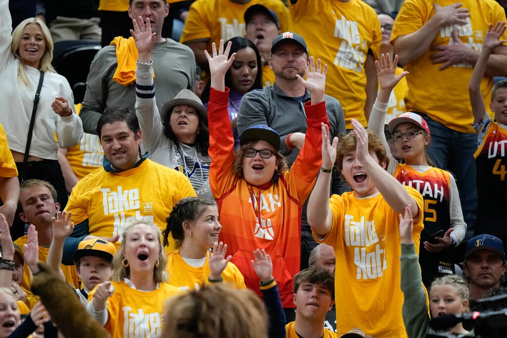 (Francisco Kjolseth | The Salt Lake Tribune) The fans try to get the Jazz Bear's attention during Game 4 of an NBA basketball first-round playoff series, Saturday, April 23, 2022, in Salt Lake City.