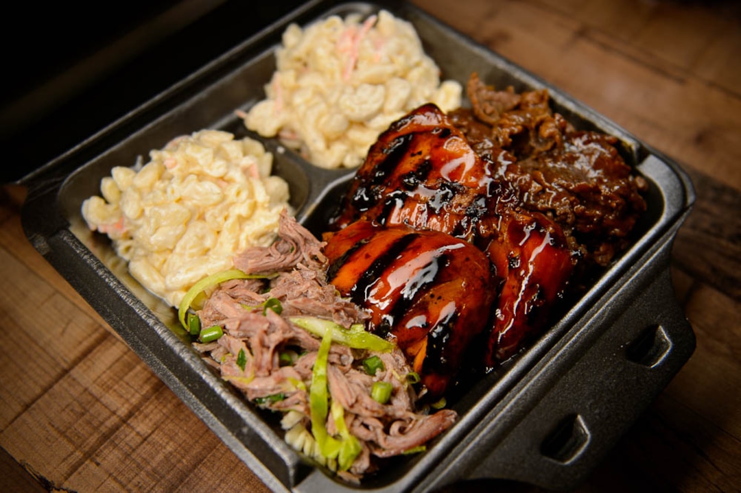(Trent Nelson | The Salt Lake Tribune)  Three-meat combination plate — teriyaki steak, teriyaki chicken and Kalua pork, at Sagato Bakery and Cafe, a new Polynesian eatery in Midvale. Tuesday Feb. 5, 2019.