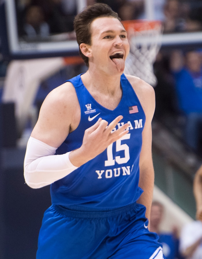 (Rick Egan  |  The Salt Lake Tribune)Brigham Young Cougars forward Payton Dastrup (15), reacts after giving BYU a 56-46 lead with a 3-pointer, in basketball action Utah Utes vs. Brigham Young Cougars at the Marriott Center in Provo, Saturday, December 15, 2017.


