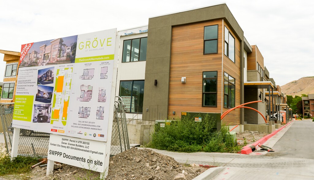 (Leah Hogsten | The Salt Lake Tribune) The Grove at Marmalade at 260 West and 500 North under construction, July 18, 2018. Utah leads the nation in job growth by percentage over the last 12 months in construction, which saw a 6.2 increase in the number of jobs.