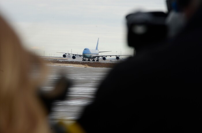 (Scott Sommerdorf   |  The Salt Lake Tribune)   The arrival of Air Force One at the Ronald R Wright National Air Guard Base, Monday, December 4, 2017.  