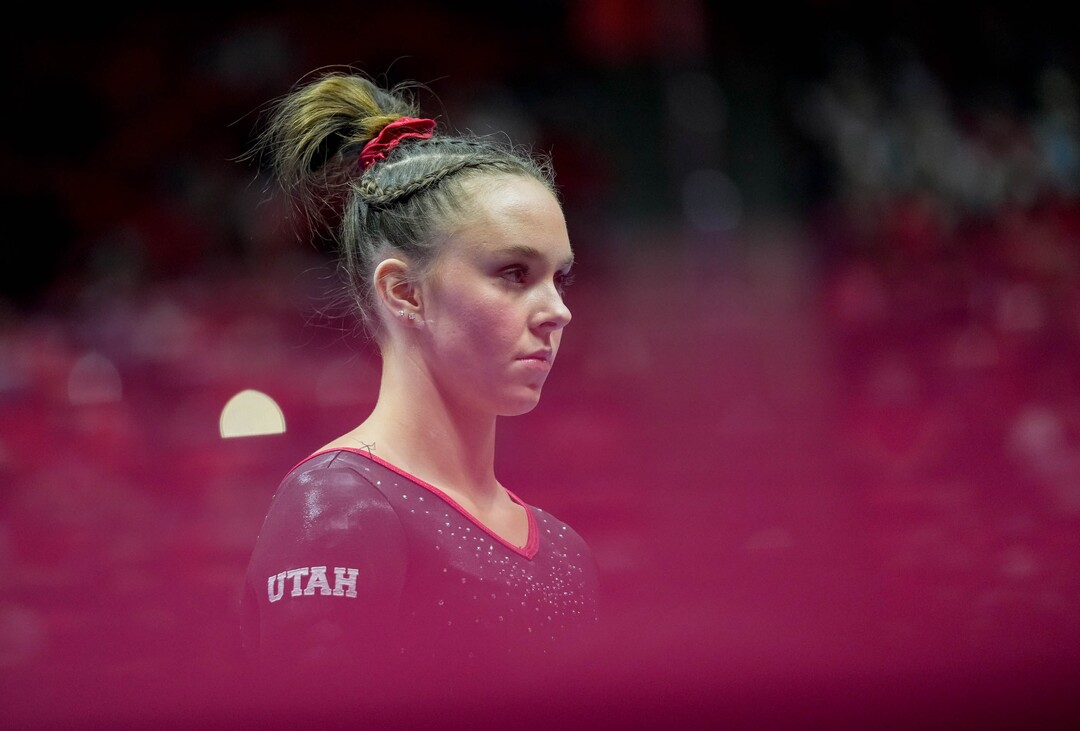 (Francisco Kjolseth | The Salt Lake Tribune) Utah’s Maile O’Keefe focuses before performing on the beam during the gymnastics meet with Stanford at the Huntsman Center in Salt Lake City, Saturday, Jan. 29, 2022. O’Keefe went on to score a perfect 10, helping the team defeat Stanford 197.675 to 196.000. 