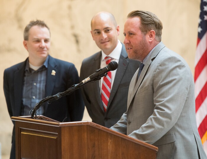 (Rick Egan  |  The Salt Lake Tribune)  Sen. Lincoln Fillmore, and Sen. Dan Hemmert listen as Rep. Jefferson Moss, talks about Mitt Romney running for Senator, at a media conference, at the Utah State Capitol, Monday, November 13, 2017.




