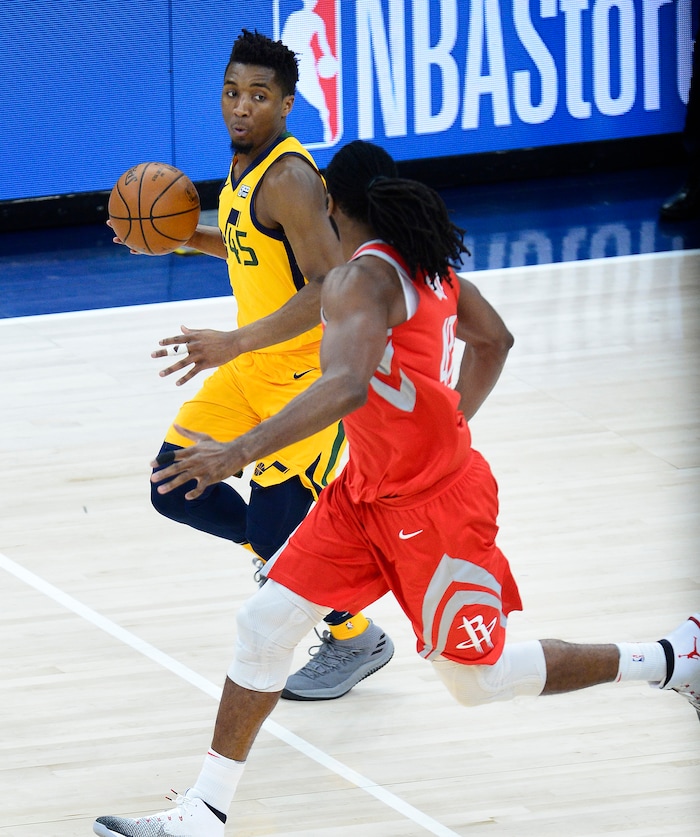 (Scott Sommerdorf | The Salt Lake Tribune)
Utah Jazz guard Donovan Mitchell (45) looks to pass during first half play. The Rockets led the Jazz 58-48 at the half, Sunday, May 6, 2018.