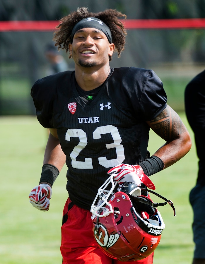 (Rick Egan  |  The Salt Lake Tribune)  Utah running back, Julian Blackmon (23) at the Ute football practice, Monday, August 7, 2017.


