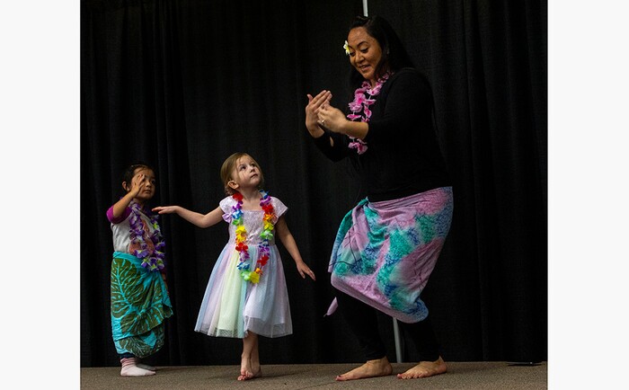 (Rick Egan | The Salt Lake Tribune)  kids join Rachel Johnson on stage as she teaches a Hula class at Ruby's Inn, during the 36th annual Bryce Canyon Winter Festival on Saturday, Feb. 13, 2021.
