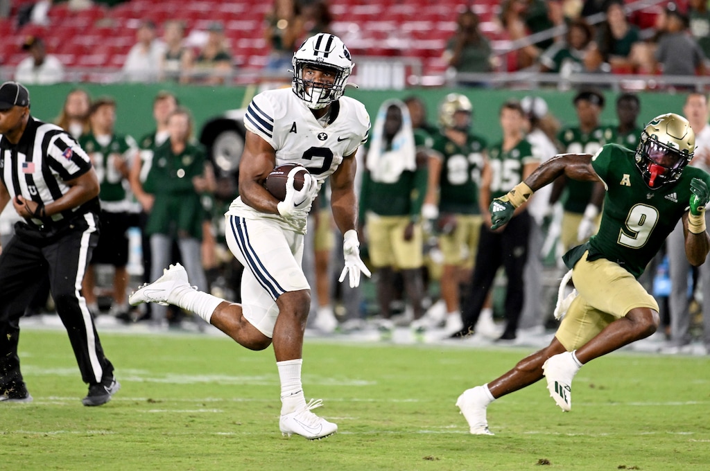 (Jason Behnken | AP) BYU running back Christopher Brooks (2) during an NCAA college football game against South Florida Saturday, Sept. 3, 2022, in Tampa, Fla.
