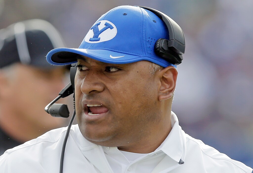 BYU head coach Kalani Sitake shouts in the first half during an NCAA college football game against Southern Utah, Saturday, Nov. 12, 2016, in Provo, Utah. (AP Photo/Rick Bowmer)