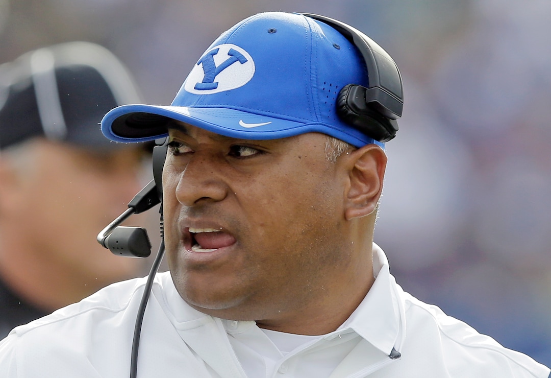 BYU head coach Kalani Sitake shouts in the first half during an NCAA college football game against Southern Utah, Saturday, Nov. 12, 2016, in Provo, Utah. (AP Photo/Rick Bowmer)