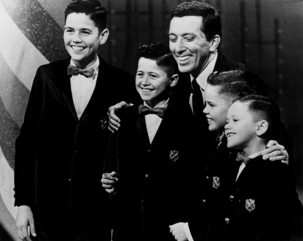 (Photo courtesy NBC) The original Osmond Brothers — Alan, Wayne, Merrill and Jay — with host Andy Williams on his variety show in the 1960s.