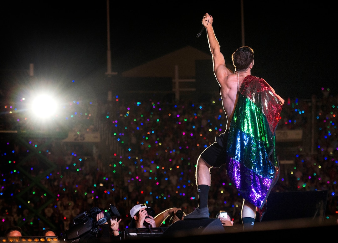 (Rick Egan  |  The Salt Lake Tribune)     Day Reynolds performs with Imagine Dragons at the Loveloud Festival at Rice-Eccles Stadium, Saturday, July 28, 2018.