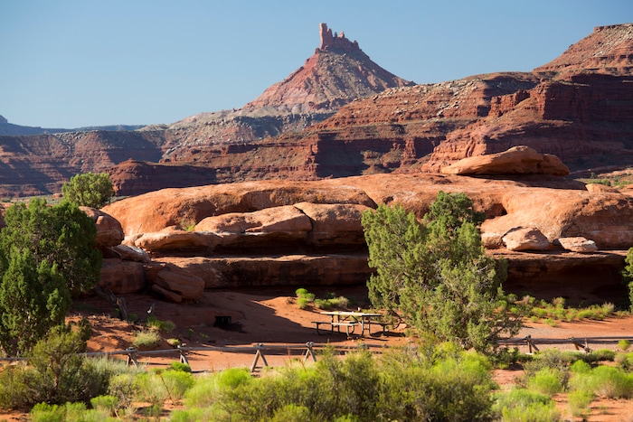 | Courtesy U.S. Bureau of Land Management
The Hamburger Rock Campground is the closest site to Canyonlands National Park, and is often used as an overflow when the Park is full. Hamburger Rock is a large, red sandstone monolith, with expansive views of Lockhart Basin and Canyonlands National Park to the north and northwest.