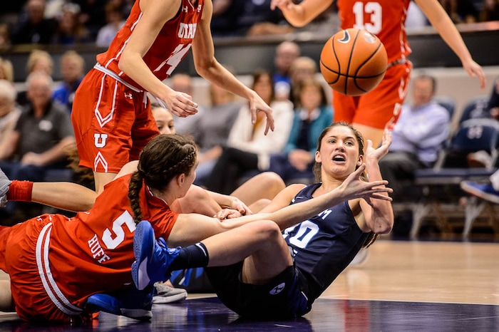 (Trent Nelson | The Salt Lake Tribune)  Brigham Young Cougars guard Cassie Broadhead Devashraye (20) passes the ball as BYU hosts Utah, NCAA women's basketball in Provo, Saturday December 9, 2017.