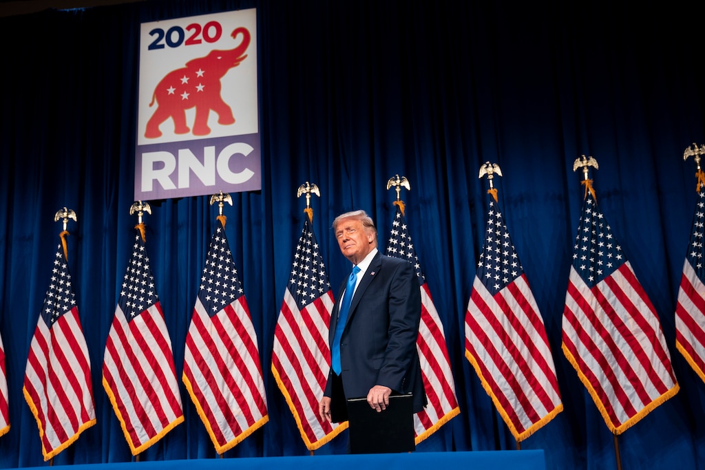 (Doug Mills | The New York Times)
President Donald Trump on the stage of the Republican National Convention in Charlotte, N.C., Aug. 24, 2020. "That's the problem in America: Trump fought science, and the virus won — so the public lost," writes New York Times columnist Nicholas Kristof.