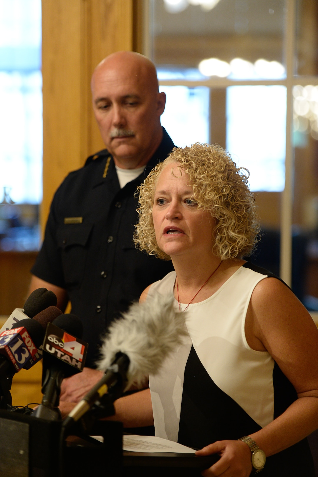 (Francisco Kjolseth  |  The Salt Lake Tribune)  Salt Lake City's Police Chief Mike Brown and Mayor Jackie Biskupski hold a press conference at the City and County building on Friday, Sept. 1, 2017, to apologize for an officer handcuffing a hospital nurse for refusing a blood draw from an unconscious patient.