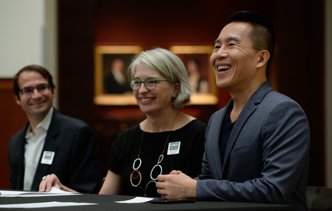 (Francisco Kjolseth  |  The Salt Lake Tribune)  Curator ShiPu Wang, right, is joined by Utah Museum of Fine Art Assoc. Curator Luke Kelly and Executive Director Gretchen Dietrich as they introduce "Chiura Obata: An American Modern," major touring retrospective of Japanese-American artist (1885-1975), whose work captured Western landscapes and his time at the Topaz War Relocation Center (internment camp) during World War II. Exhibit opens Friday, May 25, 2018.