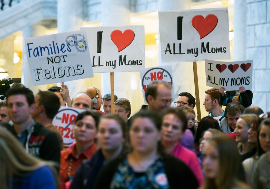 Steve Griffin | The Salt Lake Tribune
People attend a protest rally against H.B. 281 that if passed make polygamy a felony in Utah again. Members of the plural marriage community are not happy and rallied against the bill in the Capitol rotunda during the 2016 legislative session in Salt Lake City, Monday, March 7, 2016.
