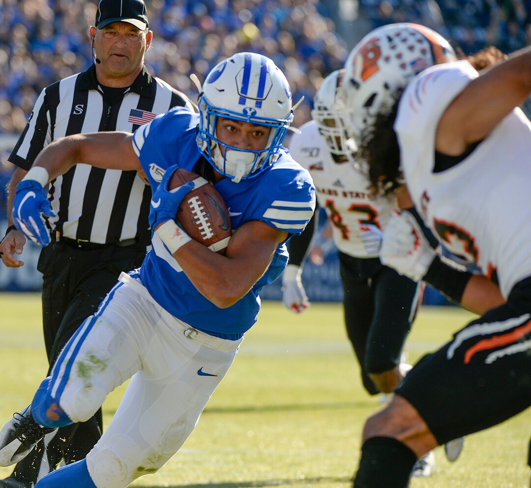 (Leah Hogsten  |  The Salt Lake Tribune) Brigham Young Cougars running back Sione Finau (35) runs in a touchdown as Brigham Young University takes on Idaho State, Saturday, Nov. 16, 2019 at LaVell Edwards Stadium.