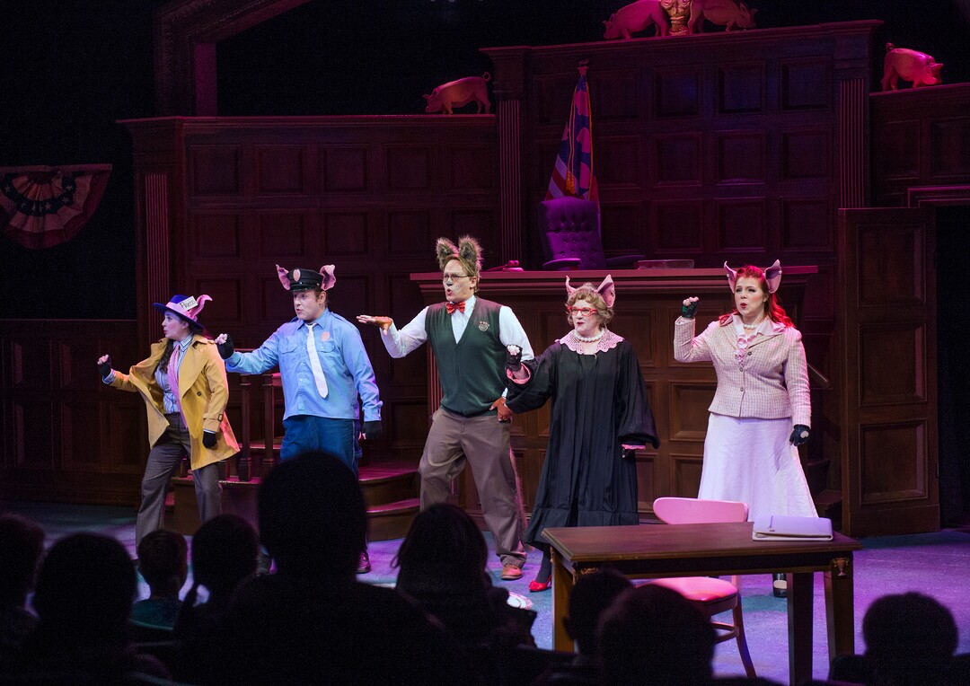 (Leah Hogsten  |  The Salt Lake Tribune) Lillian Magill, from left, played by Ali Bennett, Rocky, played by Trevor B. Dean, Alexander T. Wolf, played by Derek Gregerson, The Honorable Prudence ,played by Betsy West, and Julia, played by Becky Jeanne, during Salt Lake Acting Company's annual children's show, "The True Story of the 3 Little Pigs," running through Dec. 29.