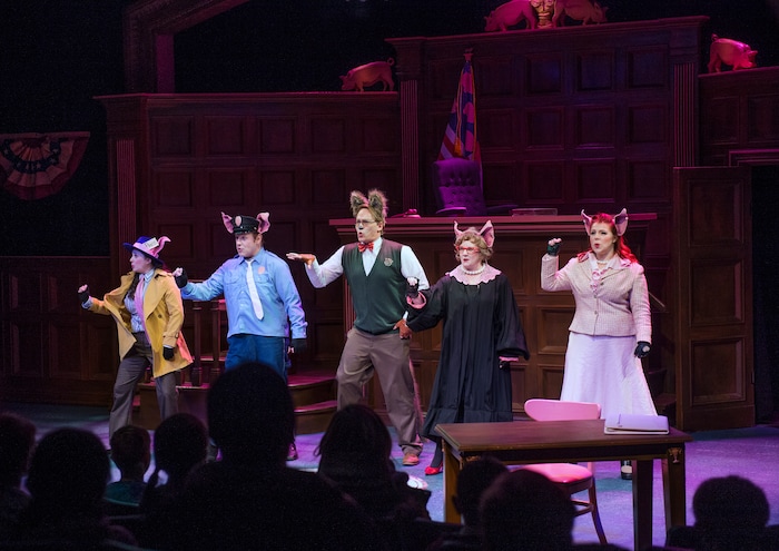 (Leah Hogsten | The Salt Lake Tribune) Lillian Magill, from left, played by Ali Bennett, Rocky, played by Trevor B. Dean, Alexander T. Wolf, played by Derek Gregerson, The Honorable Prudence ,played by Betsy West, and Julia, played by Becky Jeanne, during Salt Lake Acting Company's annual children's show, "The True Story of the 3 Little Pigs," running through Dec. 29.