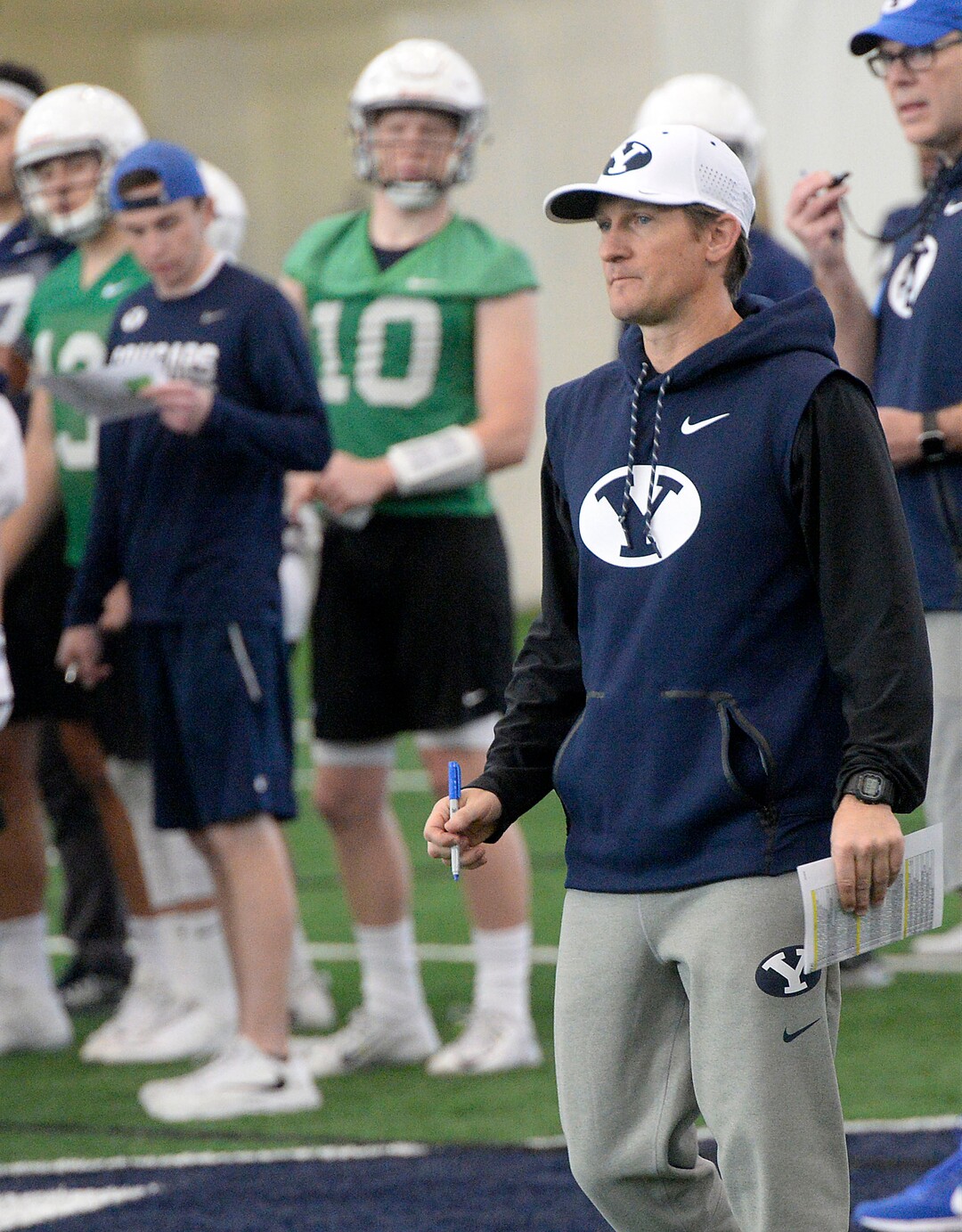 (Al Hartmann  |  The Salt Lake Tribune) 	 BYU opened spring football camp on Monday March 5 in the indoor playing facility with some new offensive coaching staff, like quarterback coach Aaron Roderick. 