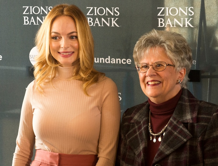 (Rick Egan  |  The Salt Lake Tribune)     Heather Graham with Patricia Morton, dean of the University of Utah School of Nursing. Morton received a leadership award from Scott Anderson, president and CEO of Zions Bank, at the 2018 Sundance Film Festival Utah Women’s Leadership Celebration in Park City on Thursday, Jan. 25, 2018.