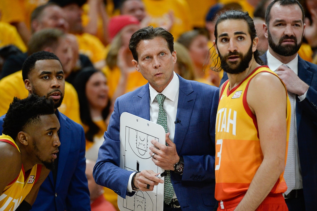 (Francisco Kjolseth  |  The Salt Lake Tribune)  Utah Jazz Coach Quin Snyder confers with his team in Game 3 of a first-round NBA basketball playoff series against the Rockets in Salt Lake City, Saturday, April 20, 2019.