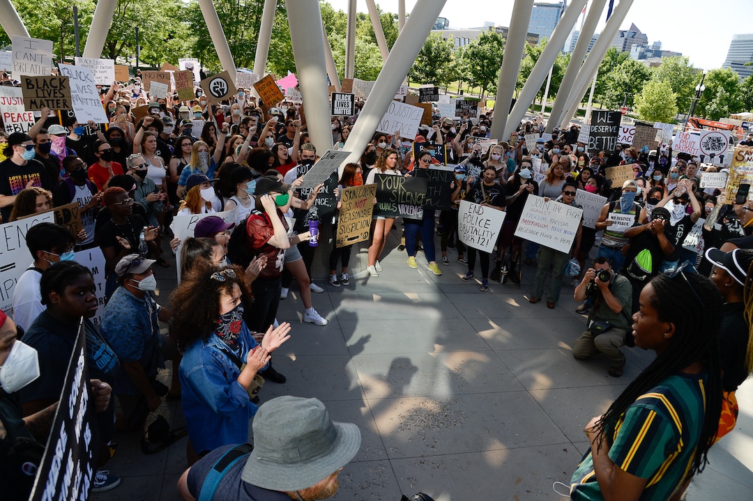 (Francisco Kjolseth  |  The Salt Lake Tribune) Demonstrators protest against police brutality at the Salt Lake City Public Safety Building on Wednesday, June 3, 2020, as the initially set 8 p.m. weeklong curfew was removed.